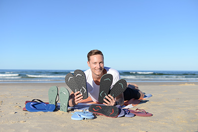 Brad Munro with his Boomerangz thongs collection.