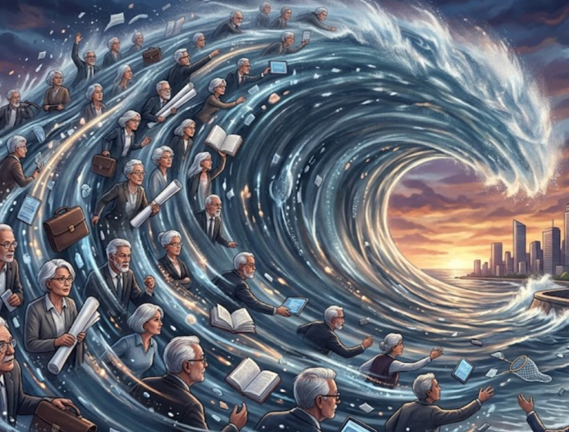 The 'silver tsunami' of skilled business owners retiring is headed Australia's way. Image by DBi with AI assistance. John Sheridan Silver Tsunami ideograph