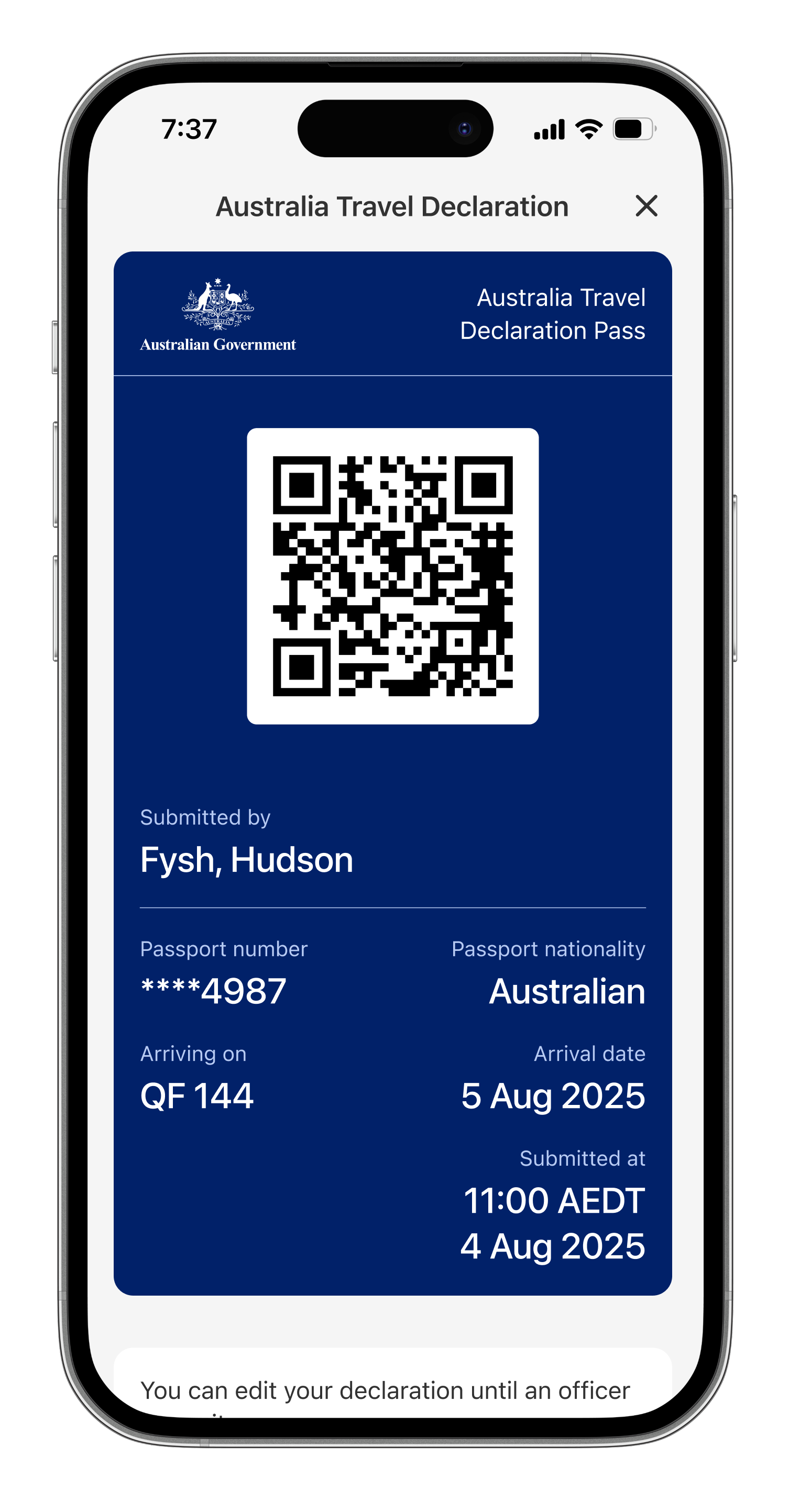 Australian Travel Declaration as it displays on a smartphone. Image: Border Force. Australian Travel Declaration ATD